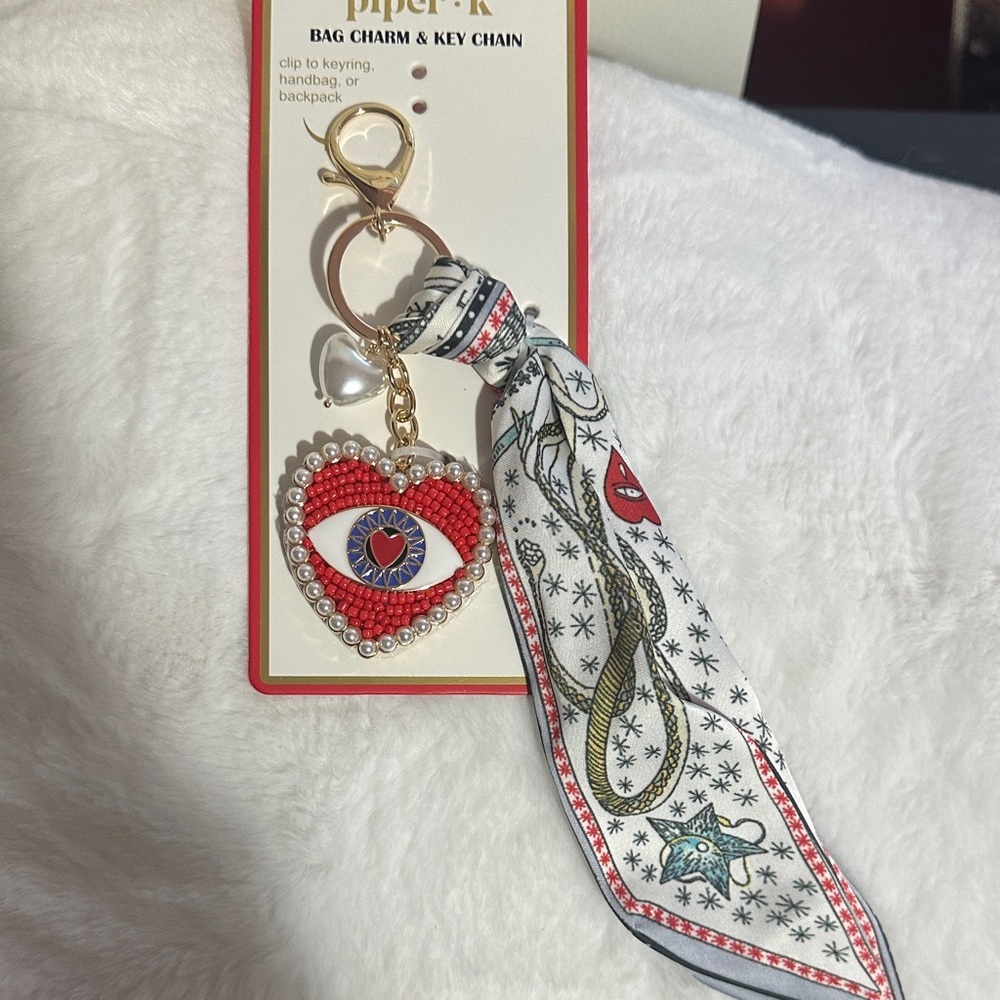 Piper K evil eye beaded heart and scarf key chain and bag charm